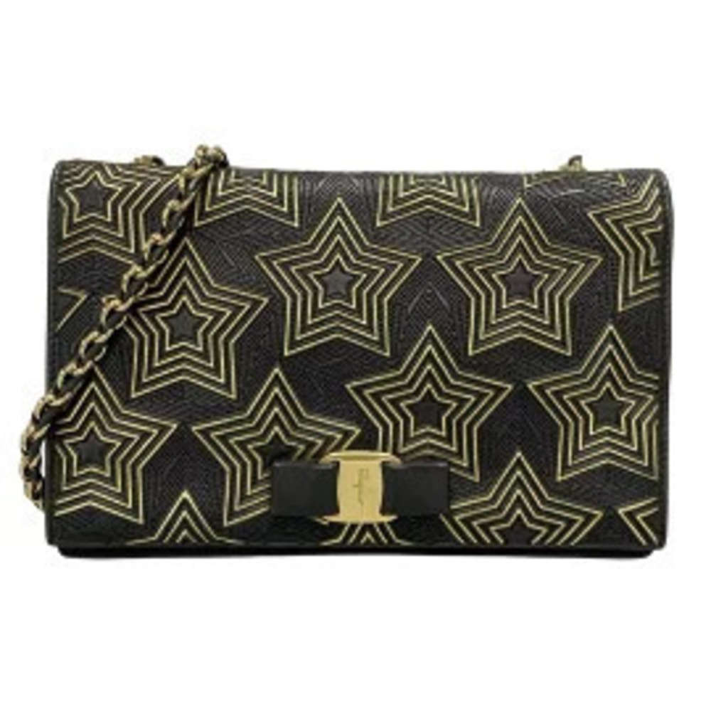 Salvatore Ferragamo Salvatore Genie Stars Shoulder Bag Star Chain Black Leather
